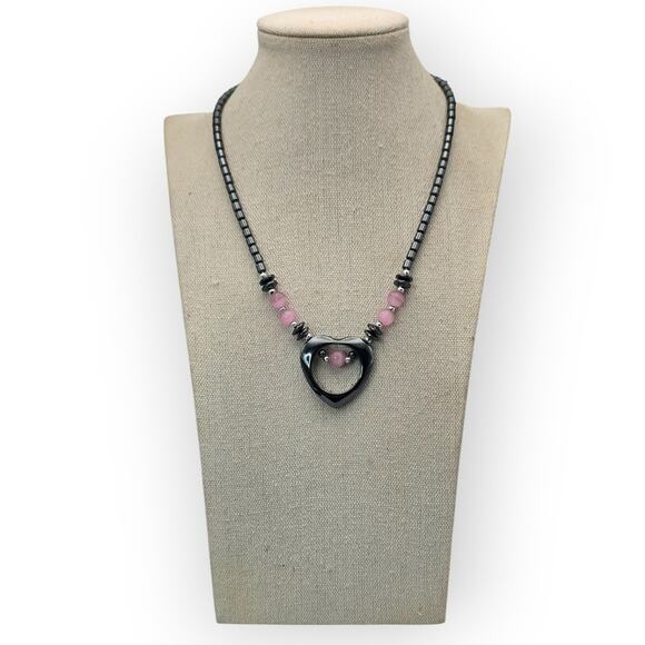Pink Cat’s Eye & Hematite Heart Necklace Fairy Goth Coquette Dark Academia Y2K - Picture 7 of 7
